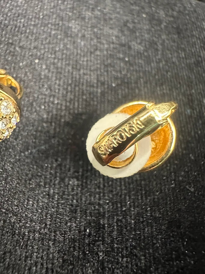 Swarovski Gold Tone Crystal Dome Clip Earrings | Signed Designer Button Earrings