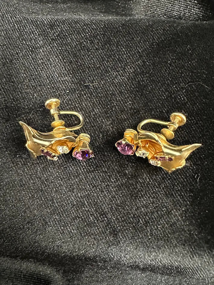 Walter Lampl Orchid Earrings 12K Gold Filled Purple Rhinestone Screw Back Vintage WL Floral
