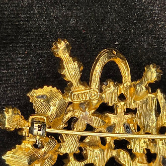 Art Gold Tone Pastel Rhinestone Flower Basket Brooch Signed Floral Pin