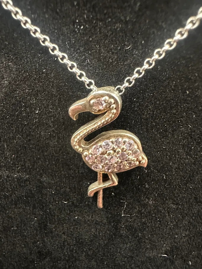 Sterling Silver 925 Pink Flamingo Pendant Necklace
