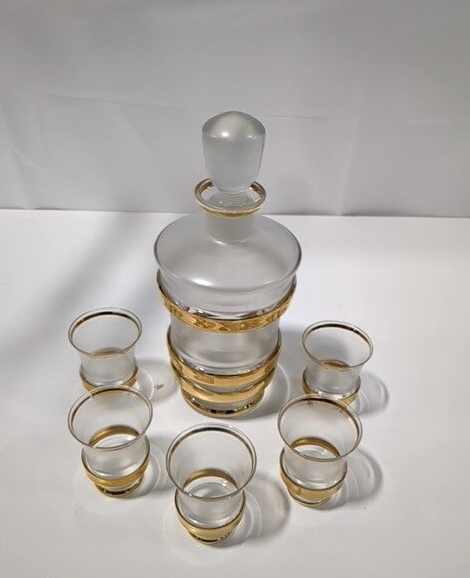 Mid-Century Frosted Glass Decanter and 5 Glasses, Gold Band