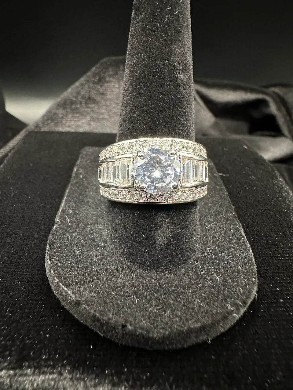 Silver Tone Clear Crystal Wide Band Ring Baguette Accent Statement Design