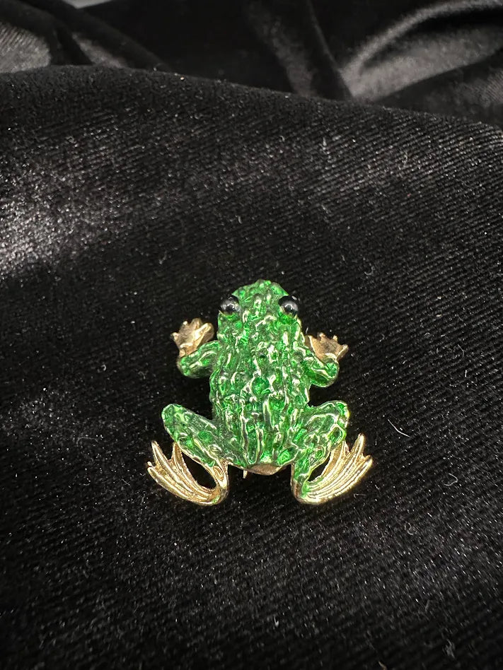 Swarovski Gold Tone Green Enamel Frog Brooch with Black Crystal Eyes