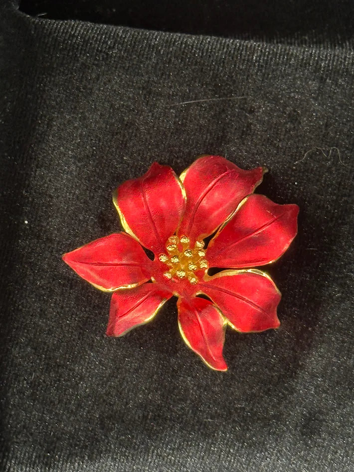 Vintage Cerrito Poinsettia Brooch Red Enamel Gold Tone Christmas Flower Pin