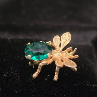 CINI gold tone insect brooch with green crystal bodySigned CINI Sterling Silver Vermeil Bee Brooch with Emerald Green Faceted Stone, Mid Century Designer Insect Pin