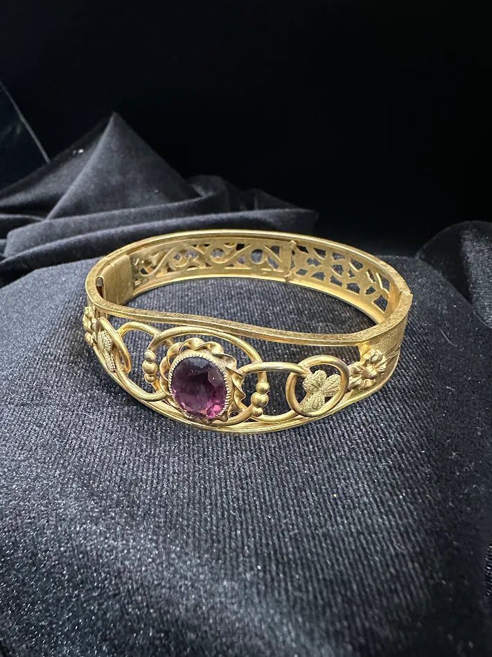 (SOLD) Vintage Victorian Revival Gold Tone Amethyst Glass Bangle Bracelet Openwork Filigree