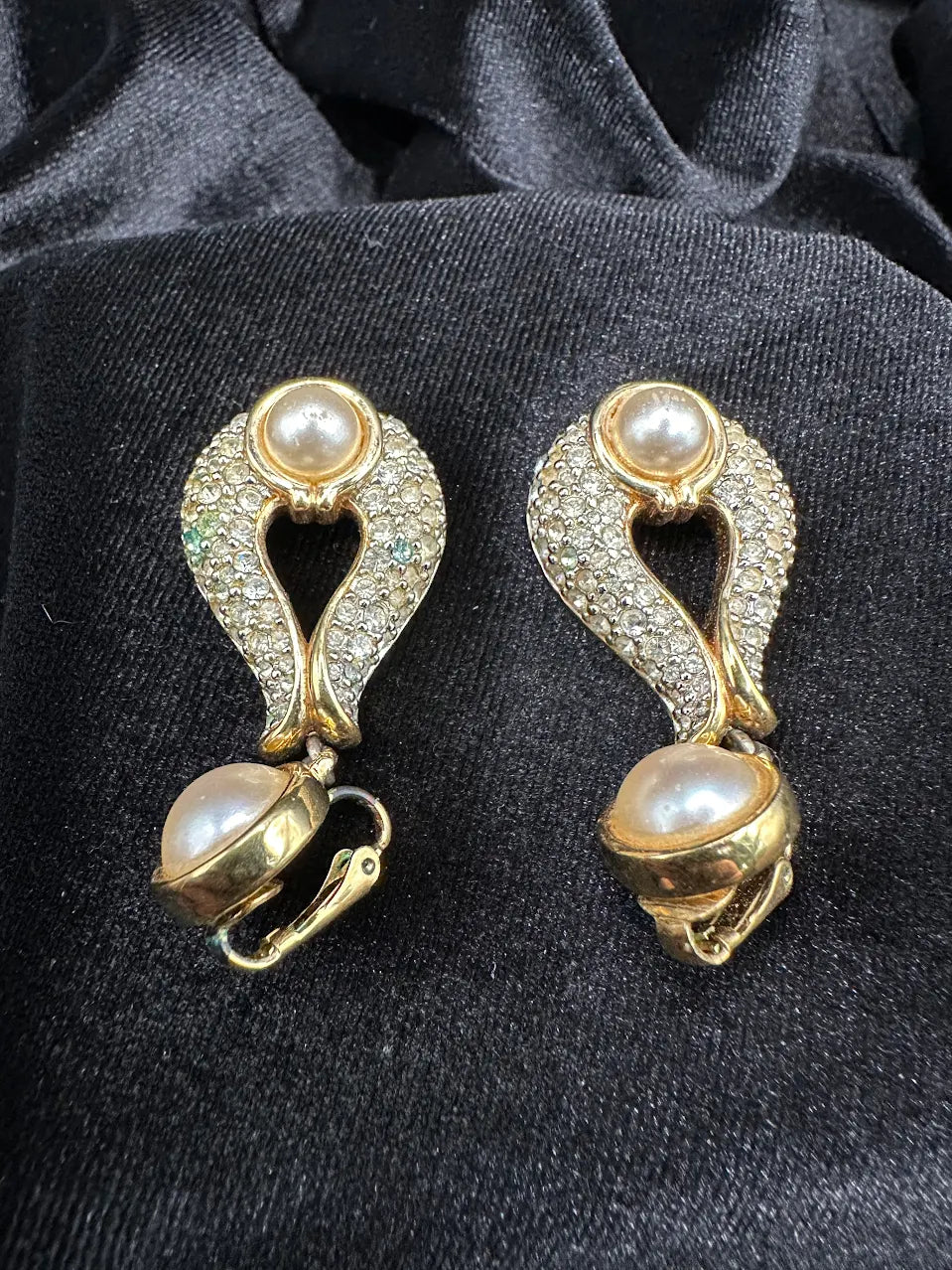 Swarovski SAL Gold Tone Faux Pearl Crystal Clip On Earrings Vintage Pave Statement Signed