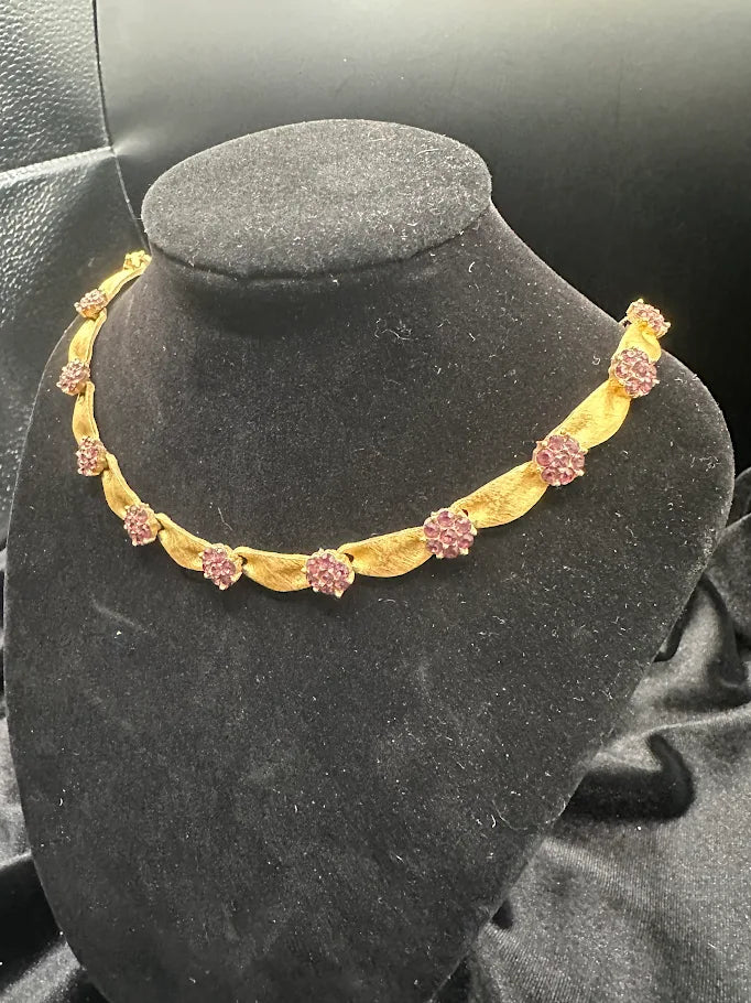 (SOLD) Trifari Gold Tone Ribbon Necklace with Ruby Red Stone Accents