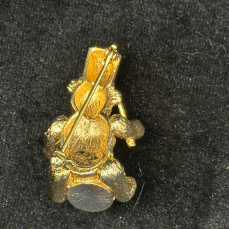 Vintage Christopher Radko Teddy Bear Drummer Christmas Brooch Gold Tone Enamel Holiday Pin