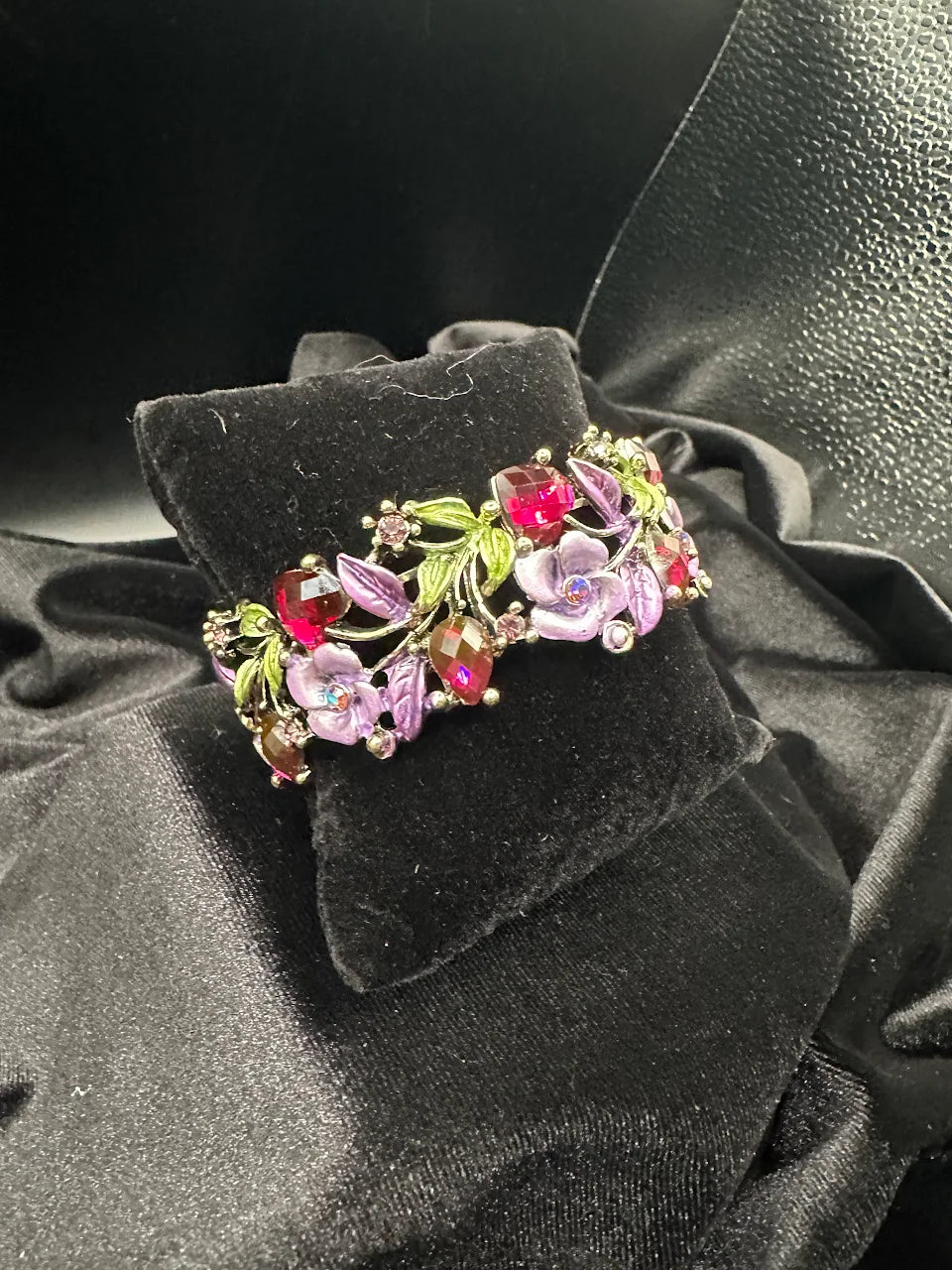 Vintage Gold Tone Purple Floral Crystal Bracelet with Green Enamel Leaves and Pink Rhinestone Accents