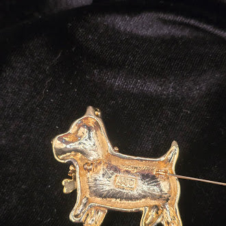 Signed AJC Black Enamel Scottie Dog Brooch with Blue Crystal Eye and Rhinestone Bone Collar, Gold Tone Vintage {Pin