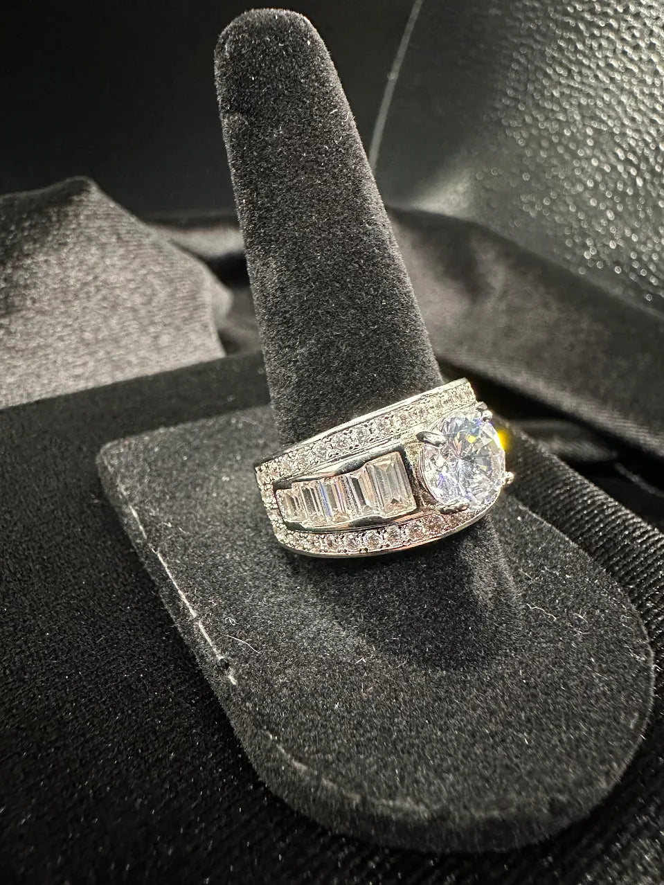 Silver Tone Clear Crystal Wide Band Ring Baguette Accent Statement Design