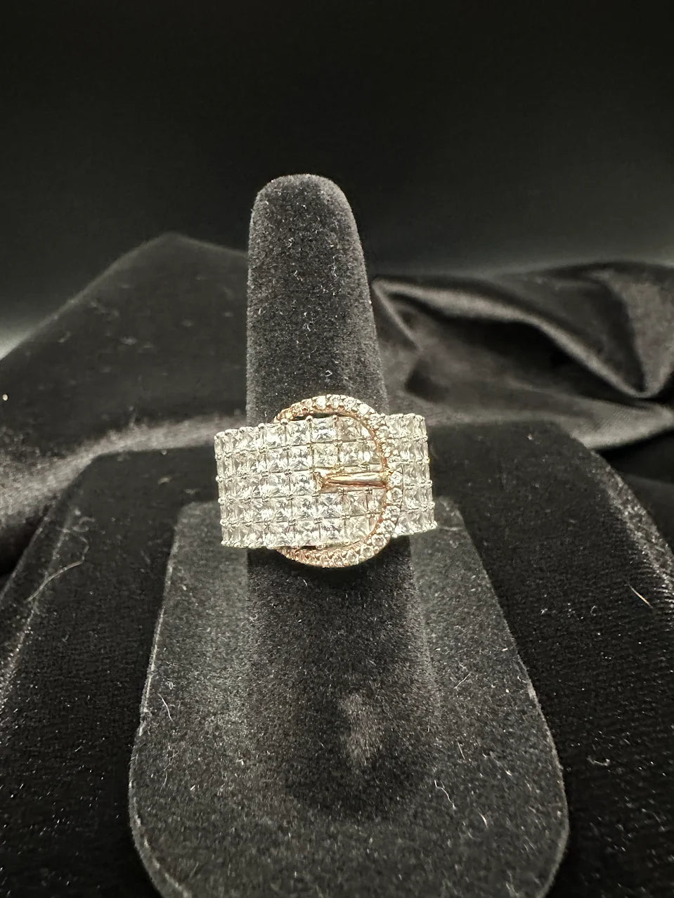 Two Tone Clear Crystal Buckle Ring Wide Band Statement Design