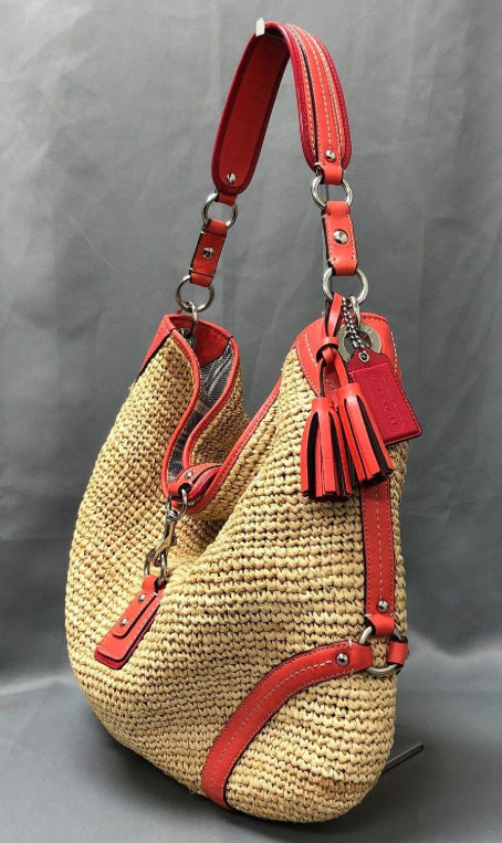 Coach Oversized Straw Hobo with Tangerine Leather Trim, Large Shoulder Bag