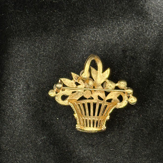 Gold tone faux pearl brooch trio; basket w flowers, wreath and purse with pearl flowers vintage set