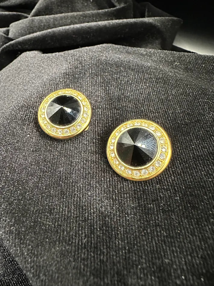 Swarovski Black Crystal Clip Earrings Gold Tone Rhinestone Halo Dome Vintage Statement