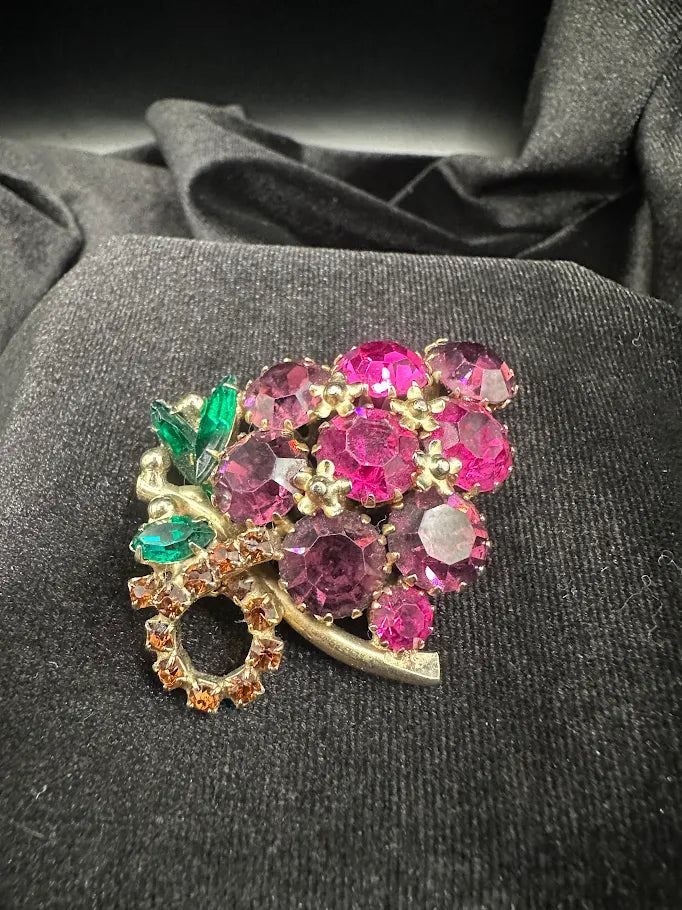 Vintage Gold Tone Rhinestone Grape Cluster Brooch | Pink Green Crystal Fruit Pin