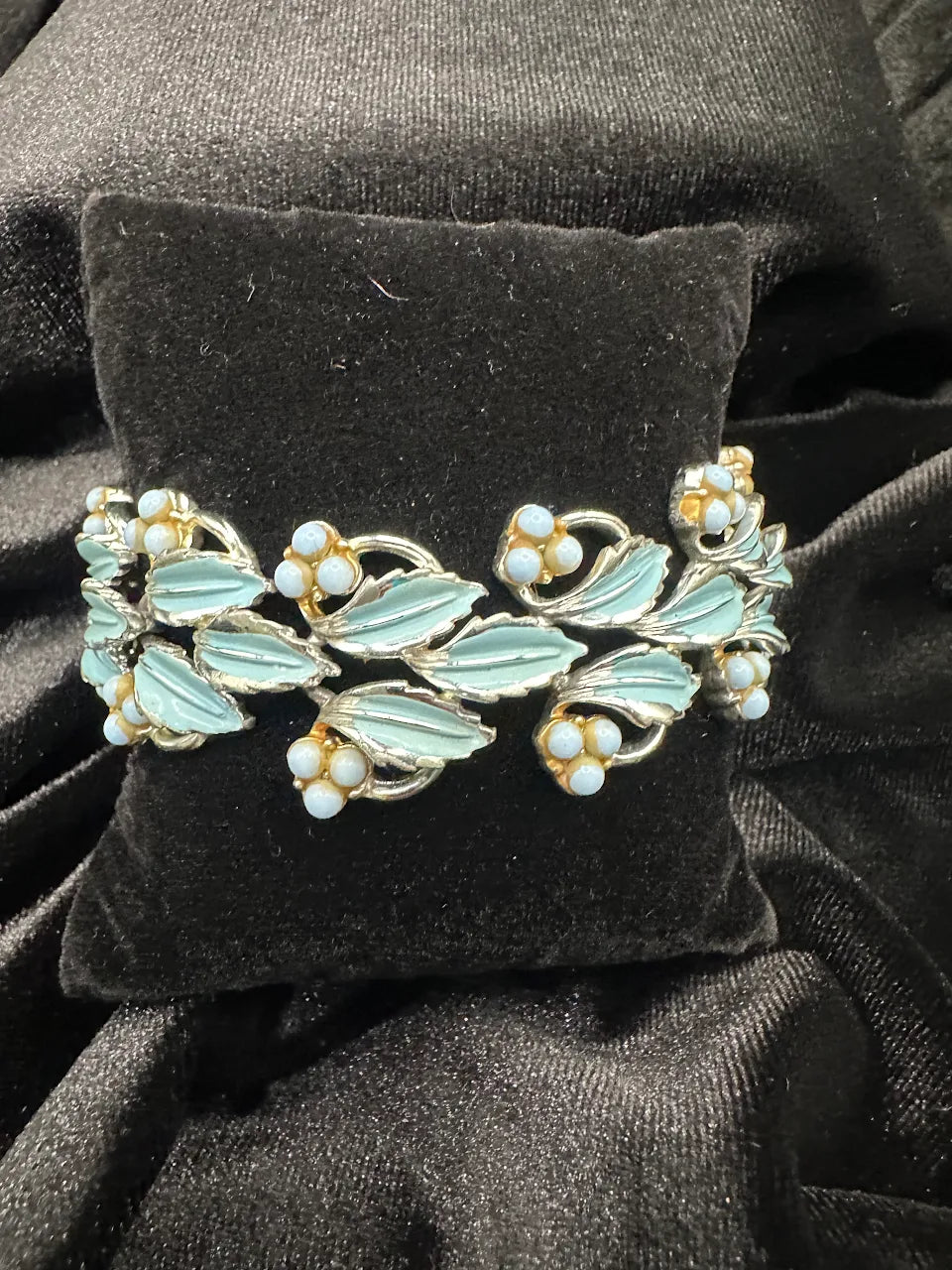 Vintage Silver Tone Blue Leaf Bracelet with Floral Bead Accents and Botanical Openwork Design