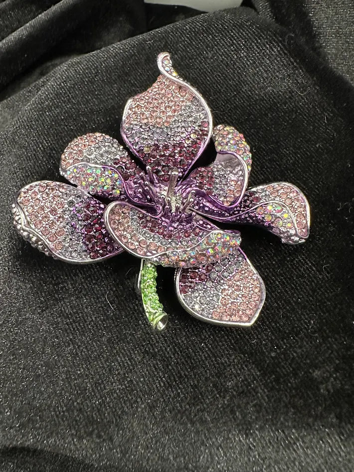 (SOLD) Large Purple Crystal Flower Brooch Rhinestone Floral Statement Pin AB Sparkle Vintage Style