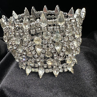Large Crystal Statement Cuff Bracelet Silver Tone Multi Rhinestone Wide Bracelet Heavy Couture Style Glam Jewelry