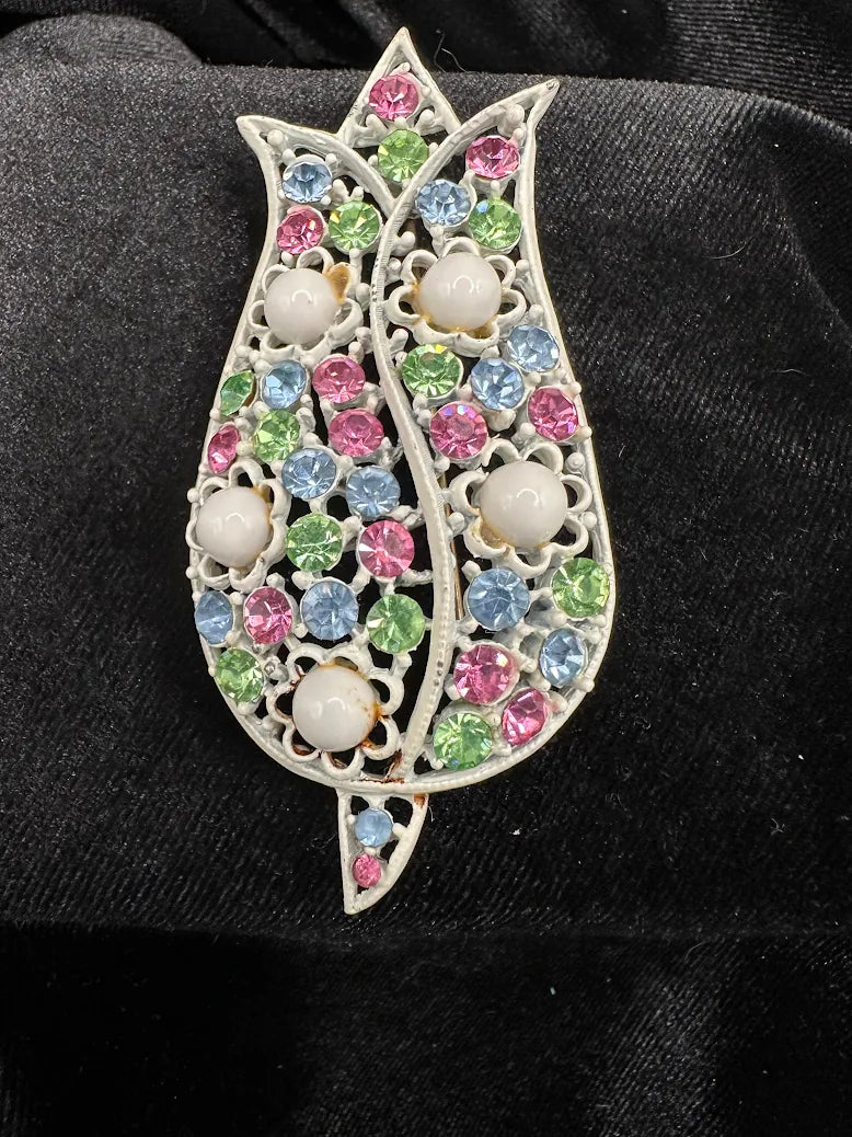 White Enamel Tulip Brooch Pastel Rhinestone Floral Pin