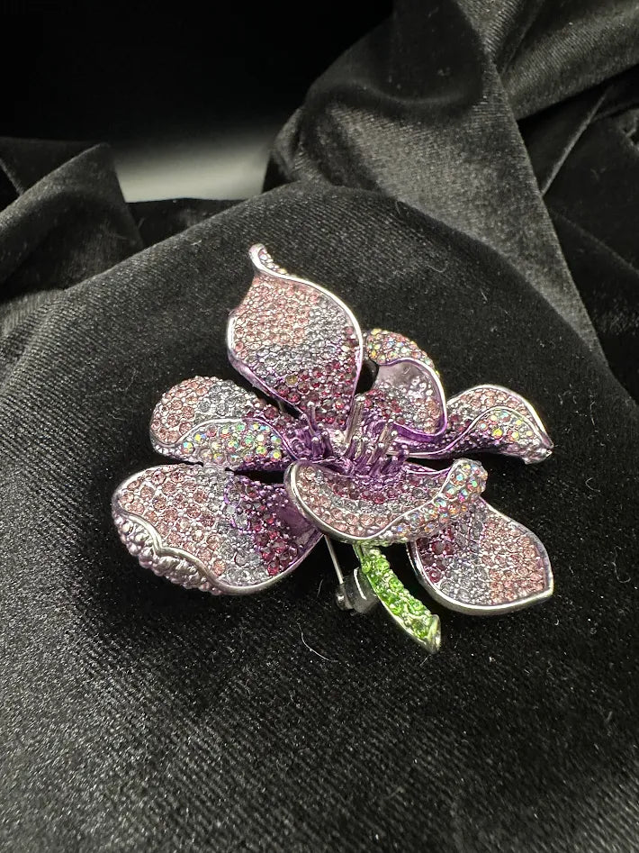 (SOLD) Large Purple Crystal Flower Brooch Rhinestone Floral Statement Pin AB Sparkle Vintage Style