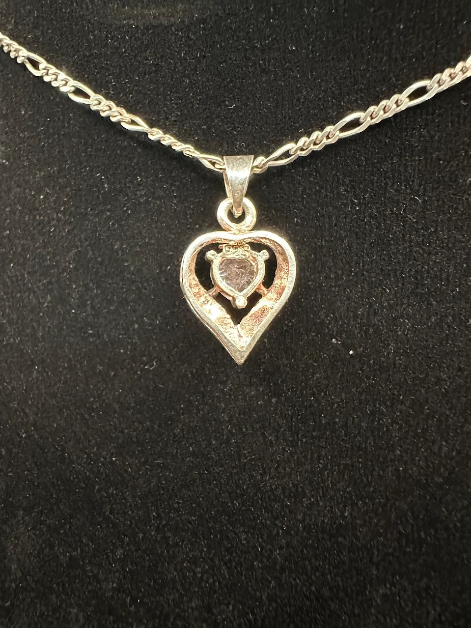 925 Italy Sterling Silver Heart Pendant Necklace Clear Stone Romantic Design