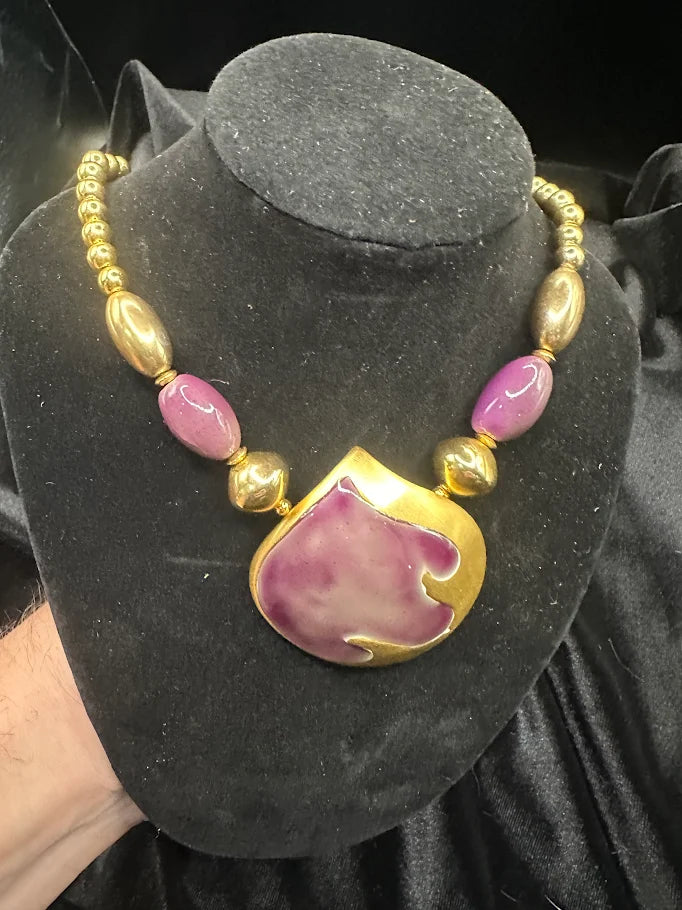 Gold tone purple enamel pendant statement necklace