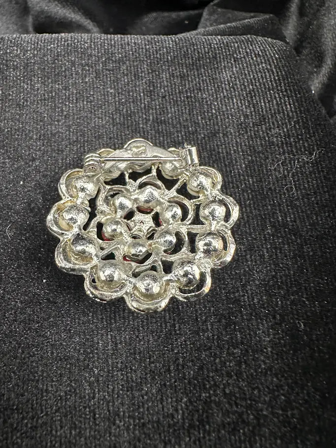 Silver Tone Red and Cream Bead Flower Brooch | Vintage Floral Cluster Pin