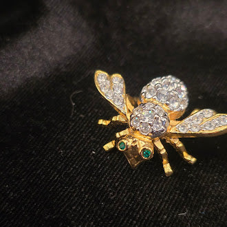 Signed Joan Rivers Gold Tone Pavé Crystal Bee Brooch with Green Rhinestone Eyes, Designer Insect Pin