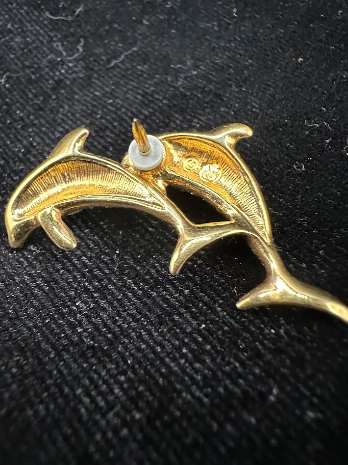 Swarovski Dolphin Brooch Double Figural Gold Tone Clear Crystal Rhinestone Pin Coastal Nautical Statement Jewelry