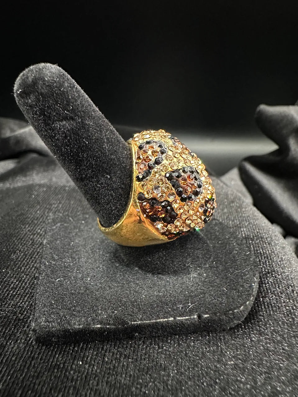 Leopard Print Crystal Dome Ring Gold Tone Pave Statement Cocktail Ring Animal Print