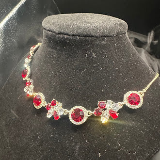 Givenchy Silver Tone Red Stone Statement Necklace with Clear Crystal Accents