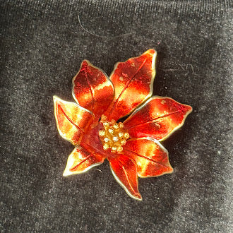 Vintage Cerrito Poinsettia Brooch Red Enamel Gold Tone Christmas Flower Pin Signed