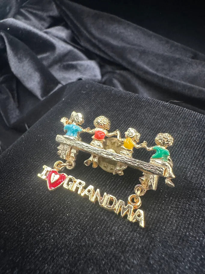 Gold Tone I Love Grandma Figural Brooch with Enamel Children Detail