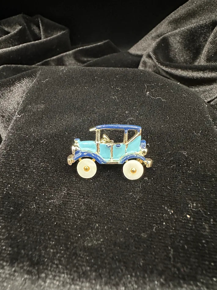 Vintage Blue Enamel Classic Car Brooch Silver Tone Retro Automobile Pin