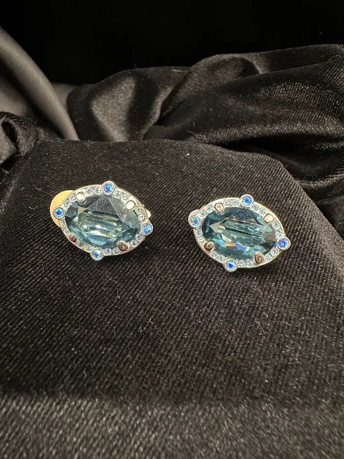 Swarovski Silver Tone Blue Crystal Oval Clip On Earrings Halo Design Statement Vintage Style Sparkling Rhinestone Earrings