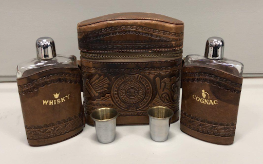 Vintage Leather Flask Set with Whisky and Cognac Bottles, Travel Bar Kit with Case & Cups