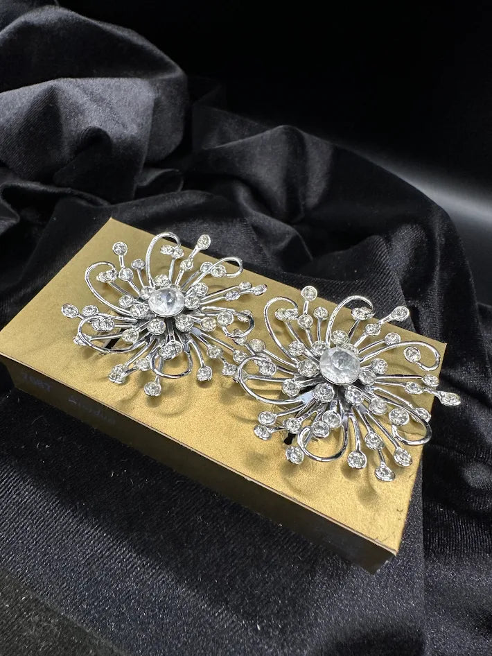 Sarah Coventry Silver Tone Clear Crystal Starburst Earrings with Original Packaging