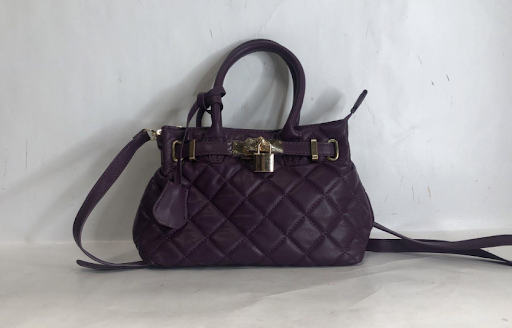 Badgley Mischka Purple Quilted Satchel Crossbody Handbag Gold Lock Accent
