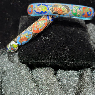 Vintage Cloisonne Enamel Bangle Bracelet Set of 2 in Blue and Black with Floral Motif, Glossy Finish, Curated Estate Stack Style