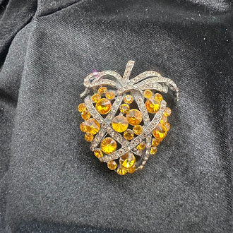 Silver Tone Orange Rhinestone Strawberry Brooch Crystal Leaf Fruit Pin