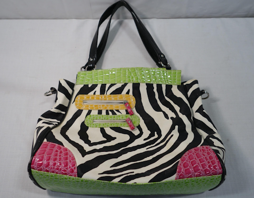 Fun Zebra Print Tote with Pink & Green Croc Trim, Large Statement Shoulder Bag