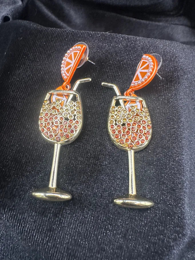 Cocktail Drop Earrings Gold Tone Orange with Crystal Detail
