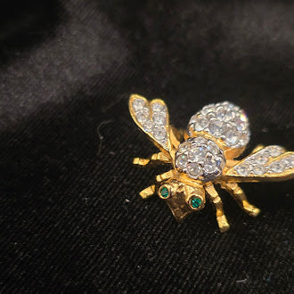 Signed Joan Rivers Gold Tone Pavé Crystal Bee Brooch with Green Rhinestone Eyes, Designer Insect Pin