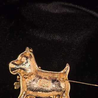 Signed AJC Black Enamel Scottie Dog Brooch with Blue Crystal Eye and Rhinestone Bone Collar, Gold Tone Vintage {Pin