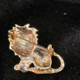 Gold Tone Rhinestone Lion Brooch With Clear Crystals And Green Eyes