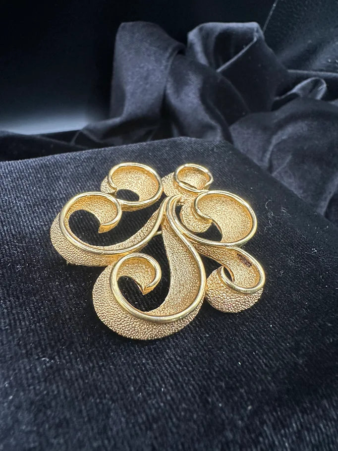 Trifari Gold Tone Scroll Brooch | Vintage Openwork Designer Pin