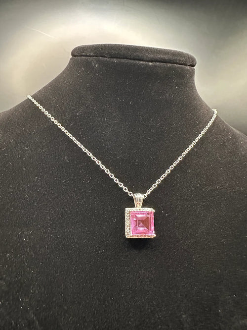 925 Sterling Silver Pink Topaz Pendant Necklace Square Halo Design