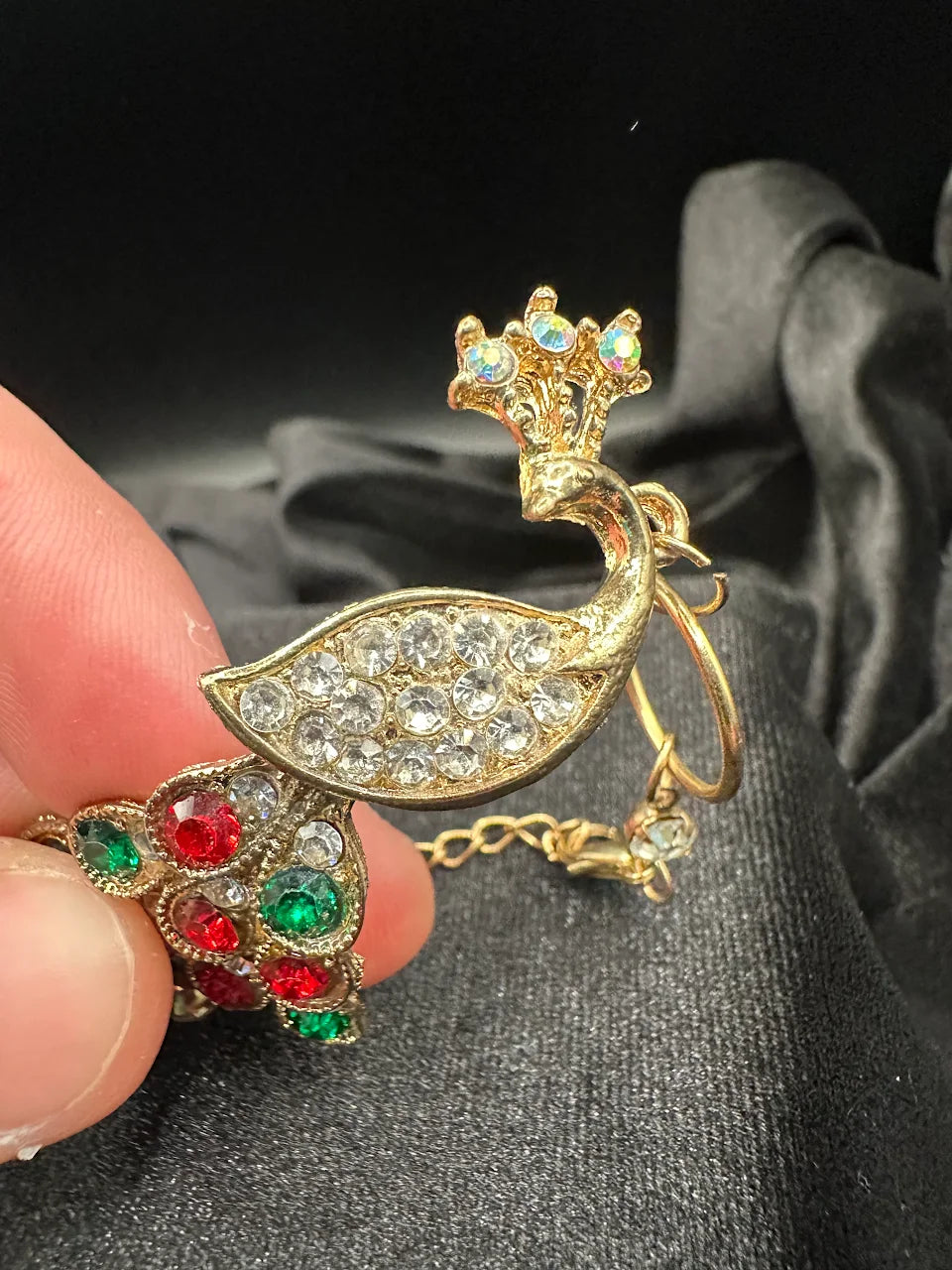 Gold Tone Multicolor Crystal Peacock Hand Bracelet | Ring-to-Bracelet Statement Jewelry